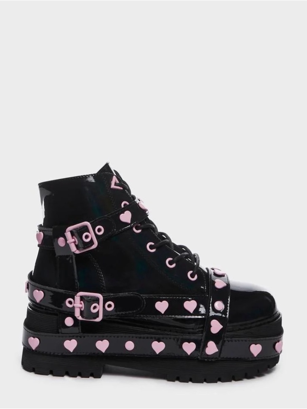 Black Patent Platform Ankle Boots with Pink Heart Accents